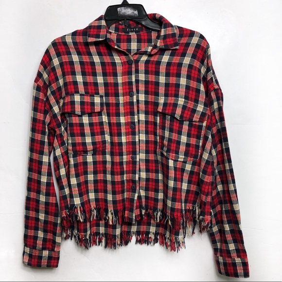 Plaid Flannel  Flap pocket front fringe hem - Picture 1 of 16